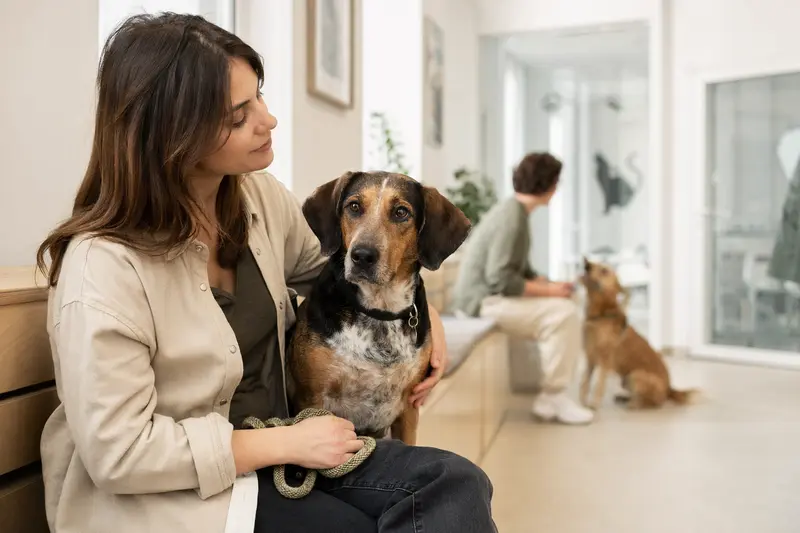 Ein Hound Hund sitzt ruhig neben seinem Besitzer im hellen Wartezimmer einer modernen Tierarztpraxis.